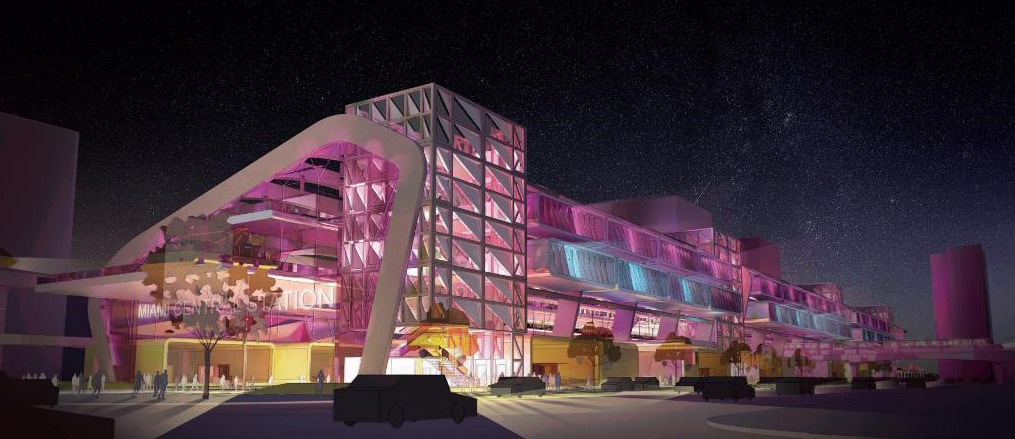 Miami Central Train Station concept rendering; exterior at night
