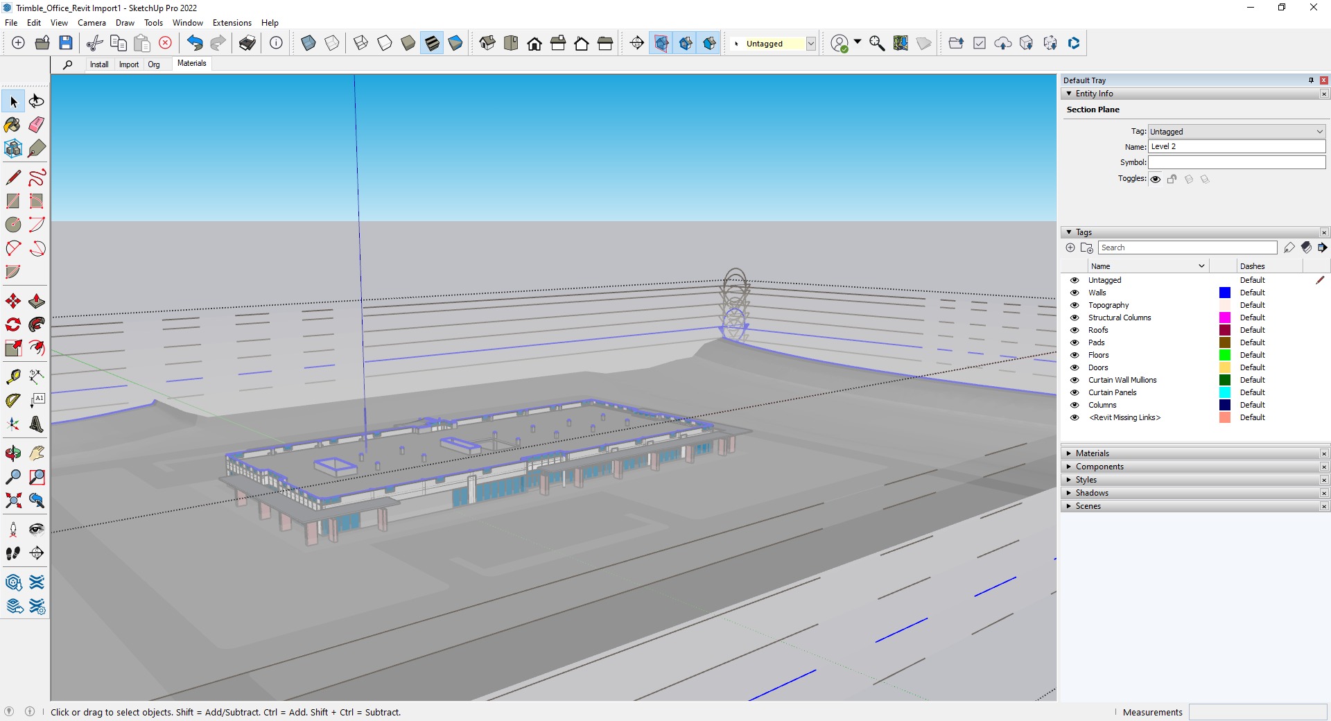 SketchUp interface showing Revit levels translated to SketchUp sections